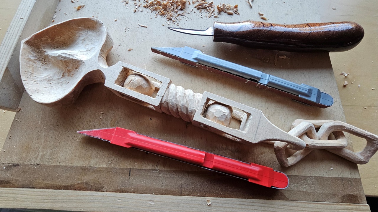Wood carving tools and work in progress