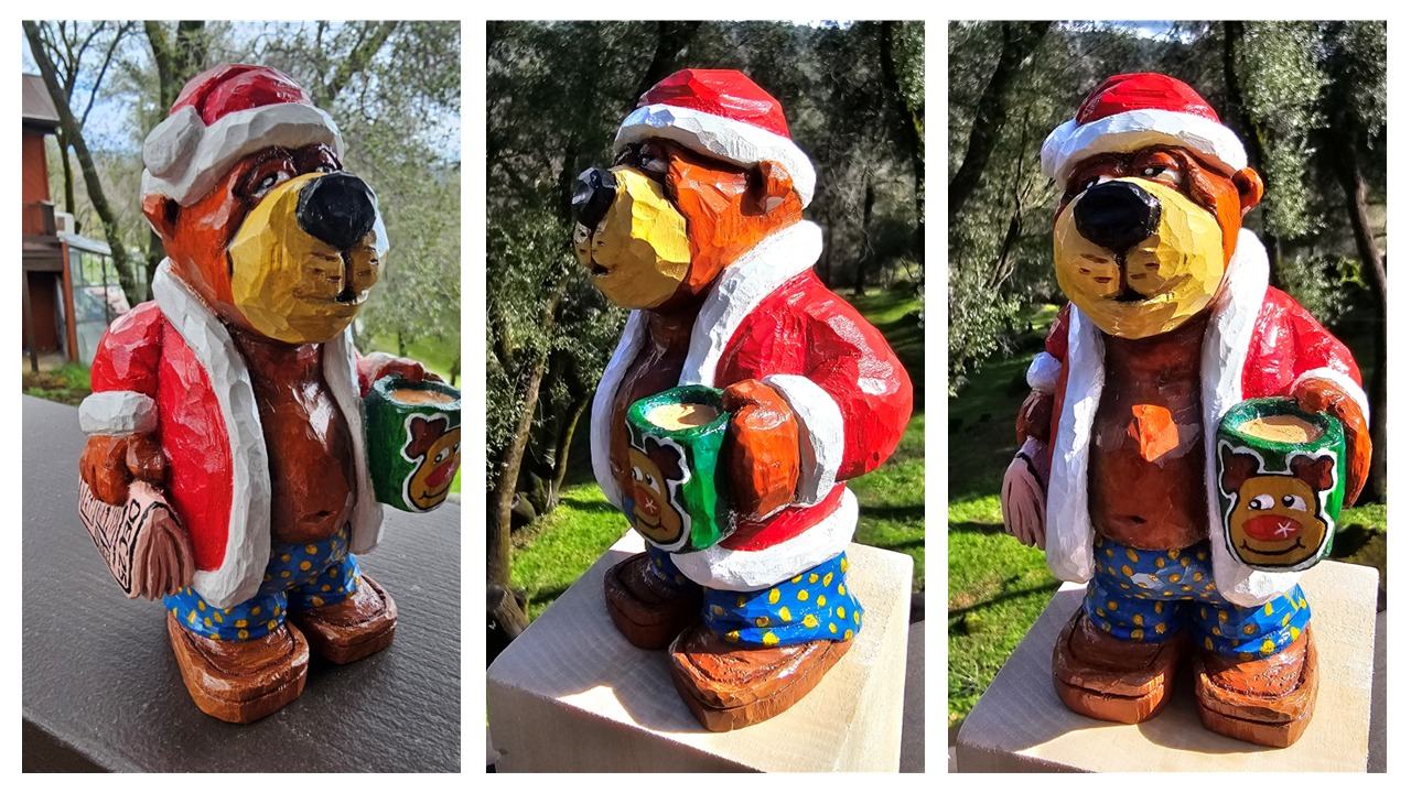 Hand-painted wooden bear in Santa outfit