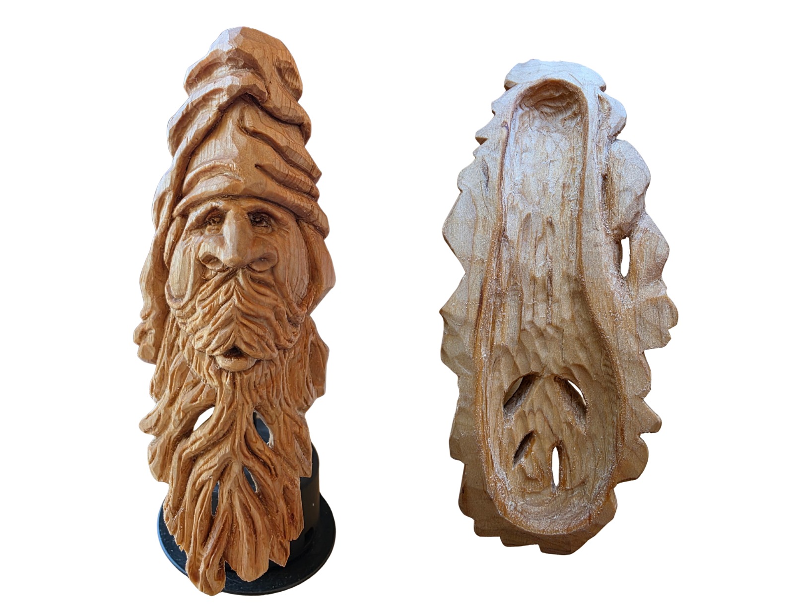 Close-up of carved Santa showing front and back detail